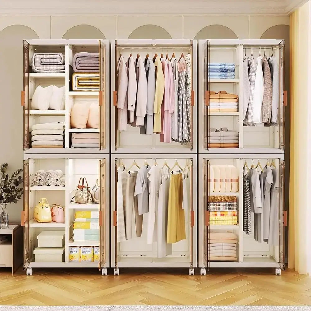 Foldable Plastic Wardrobe Closet with Removable Wheels Hanging Clothes Storage Organizer