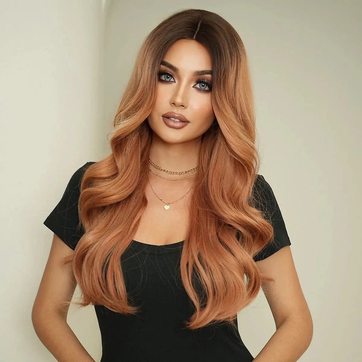 Ombre Strawberry Blond Long French Curl Wigs for Women Middle Part Body Wave Wig Natural Heat Resistant Synthetic Curly Peluca