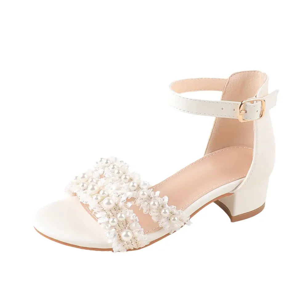 Little Girl Princess Sandals White Pearl Bead Ankle Buckle Low Heel Soft Soled Wedding Party Shoes Wholesale 2025
