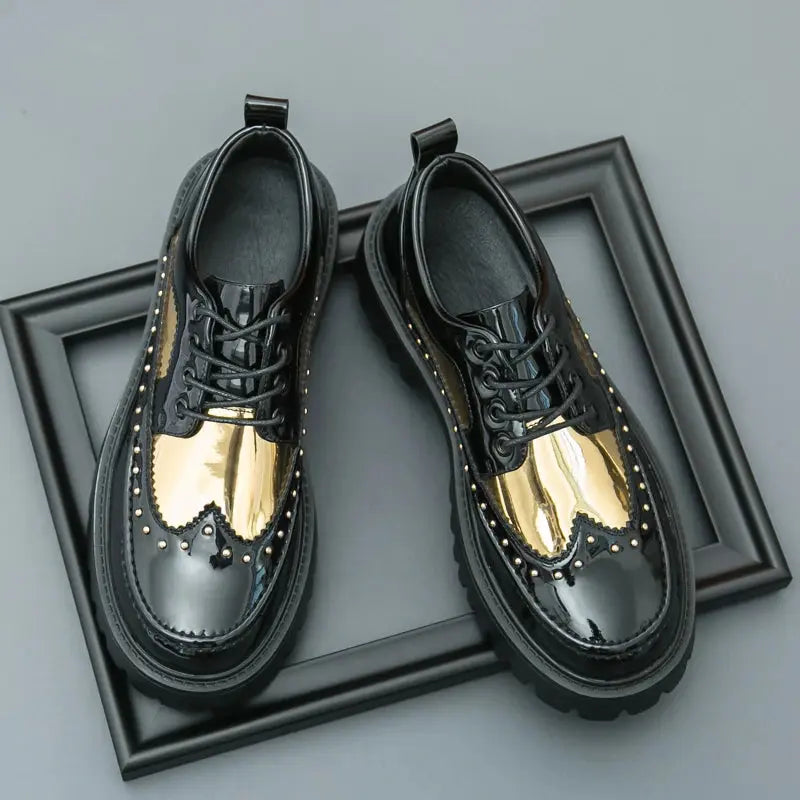 Men's Pu Leather Casual Formal Brogue Style Youth Round Toe Thick-Soled High Heels Mens Business Dress  Platform Shoes