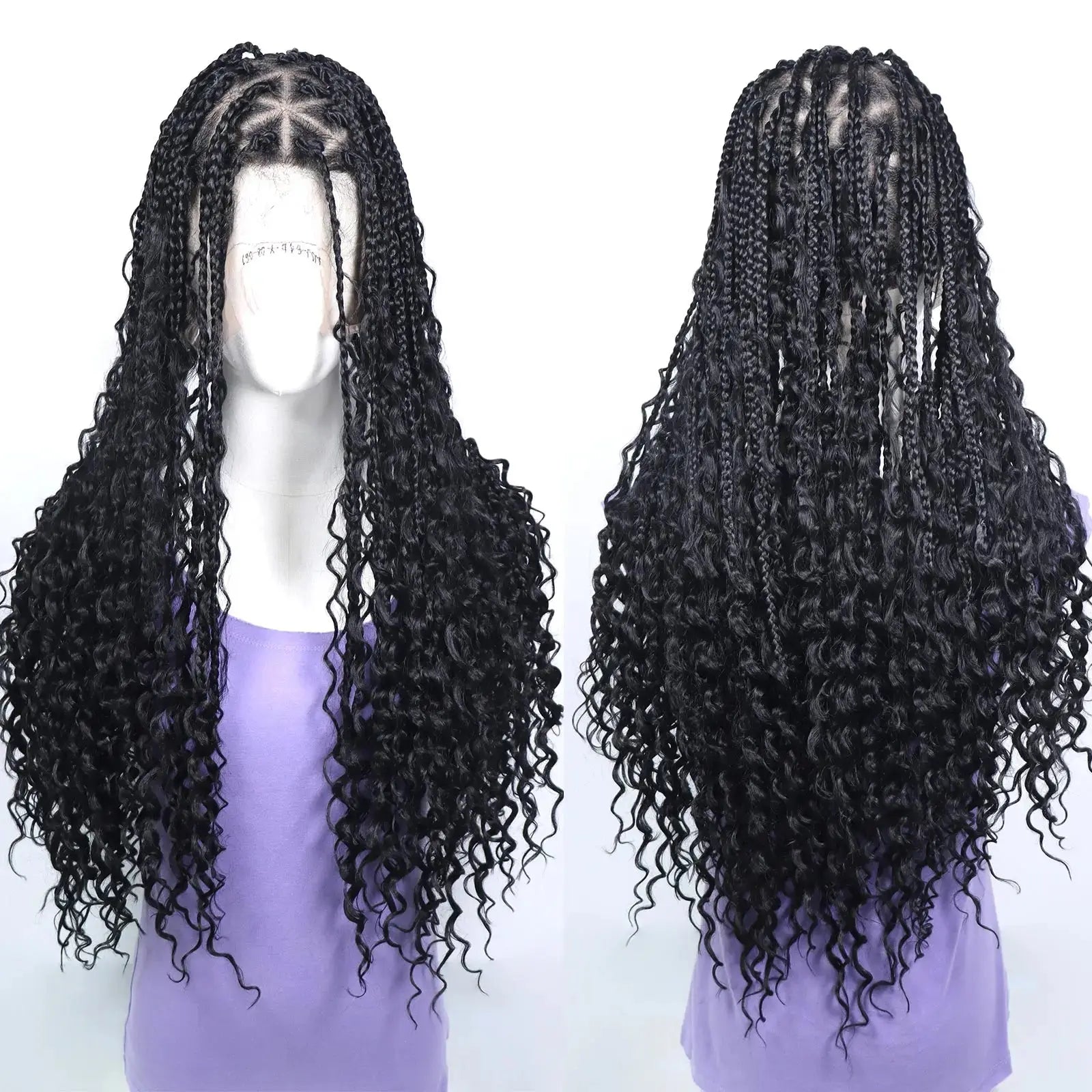 Bohemian Braided Wigs Boho Box Braid Knotless Goddess Locs Wigs with Curly Ends Synthetic Full Lace Wig with Baby Hair for Women