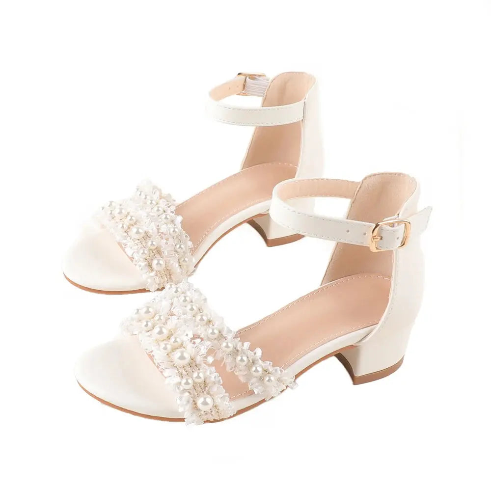 Little Girl Princess Sandals White Pearl Bead Ankle Buckle Low Heel Soft Soled Wedding Party Shoes Wholesale 2025
