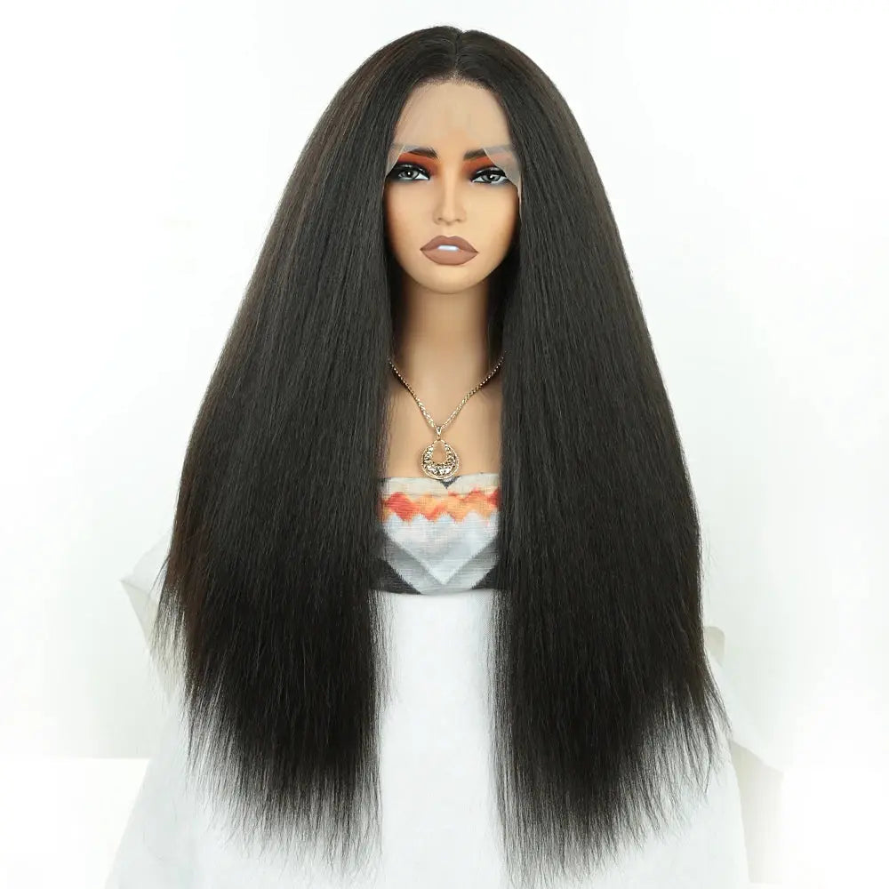 High Quality Yaki Straight 13*4 Synthetic Lace Front Wig for Women High Temperature Fiber Black Long Curly Synthetic Wig