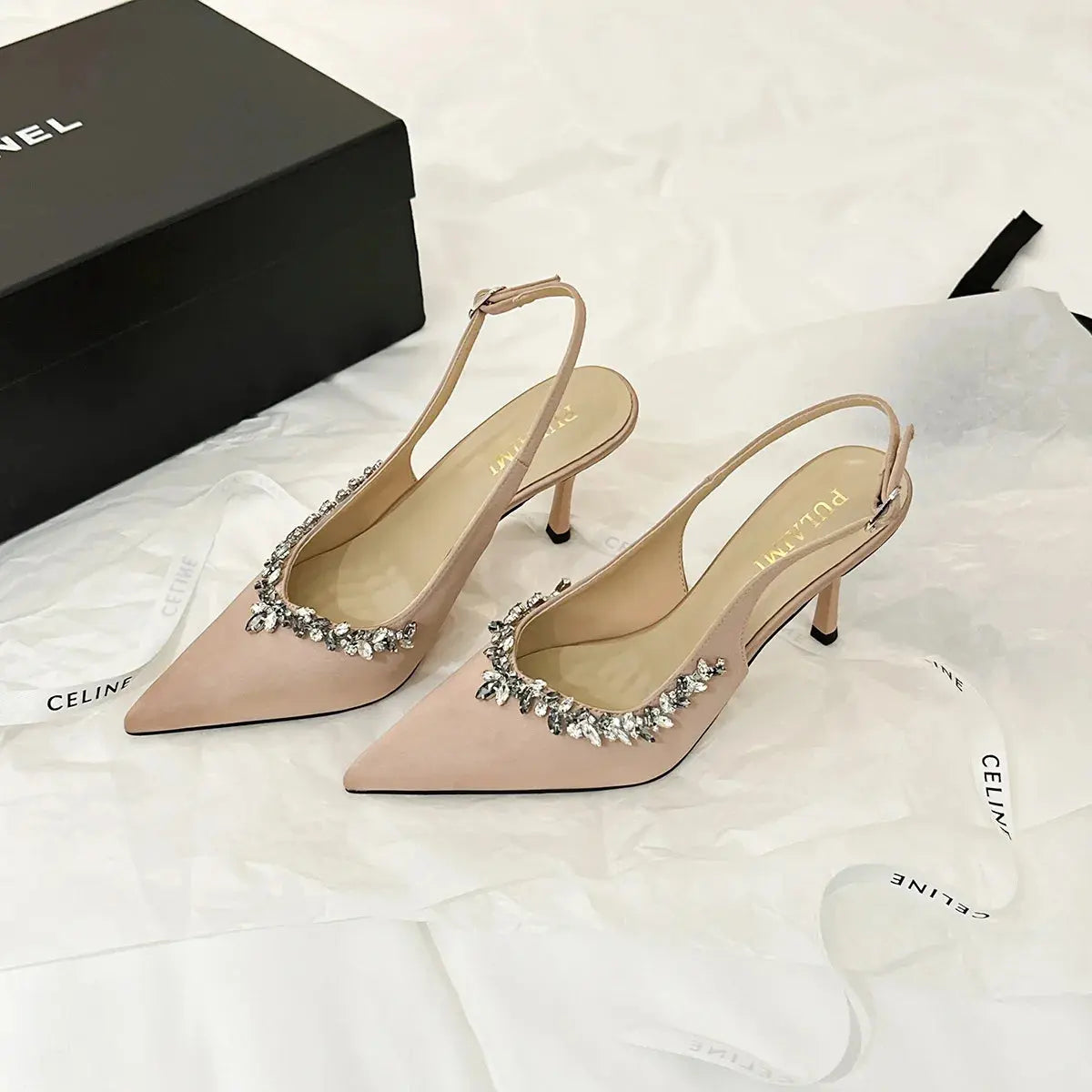 Sexy High Heels Thin Heels Shallow Mouth Pointed Pearl Crown Rhinestone Silk Women's Shoes Single Shoes