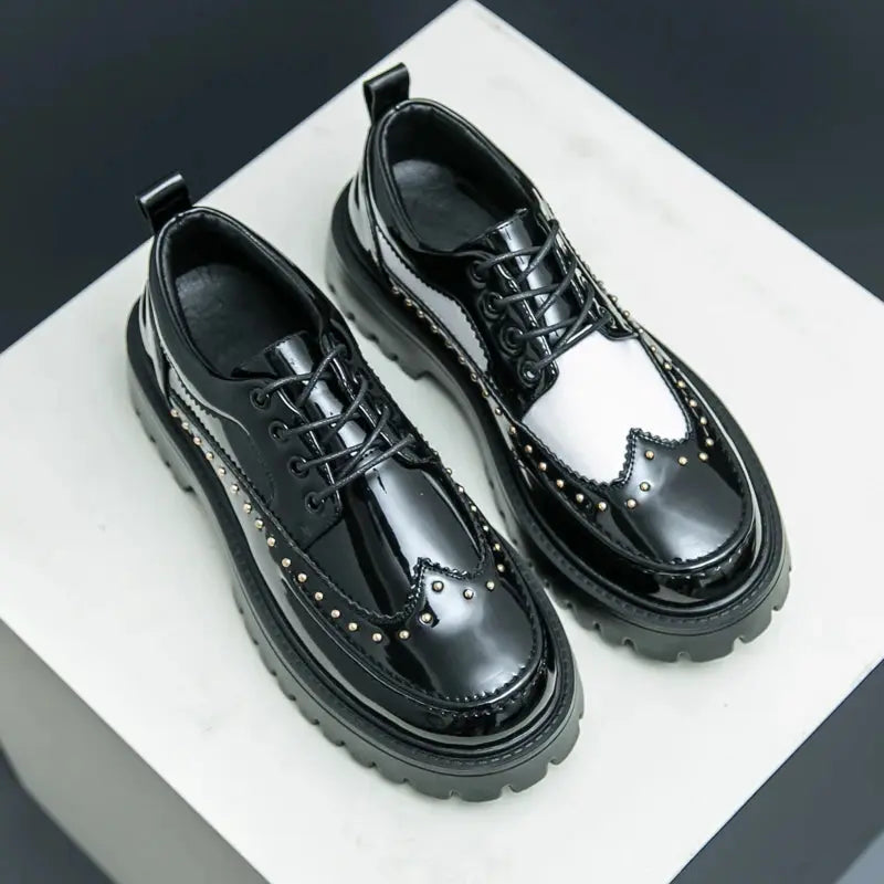 Men's Pu Leather Casual Formal Brogue Style Youth Round Toe Thick-Soled High Heels Mens Business Dress  Platform Shoes
