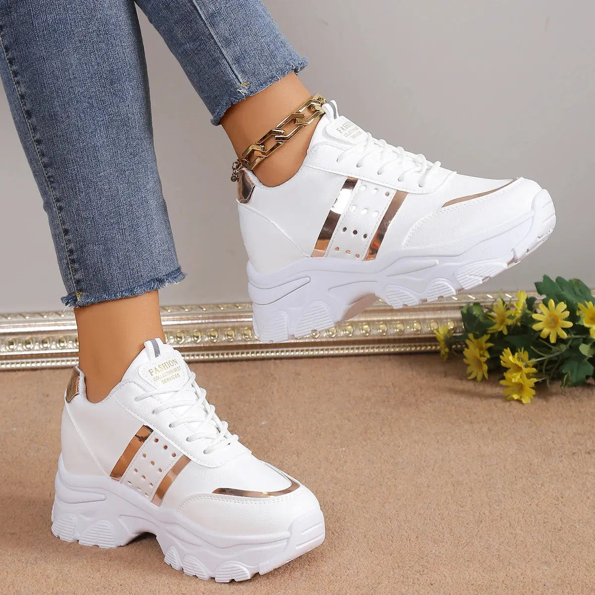 Xuanhui Fashion Trendy New Styles Height Increasing Rubber Shoes Korean Mesh Platform Tennis Shoes White Shoes Women Sneakers