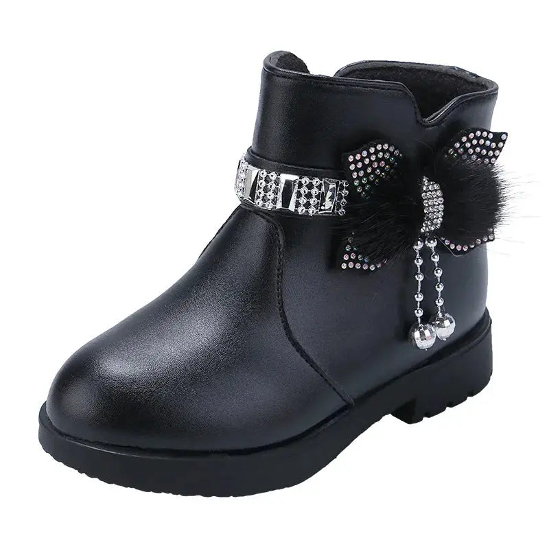 Fashion Lovely Children Shoes Girl Warm PU Leather Boots Baby Bow Cute Cotton Shoes Plush Winter Student Non Slip Kids Boots