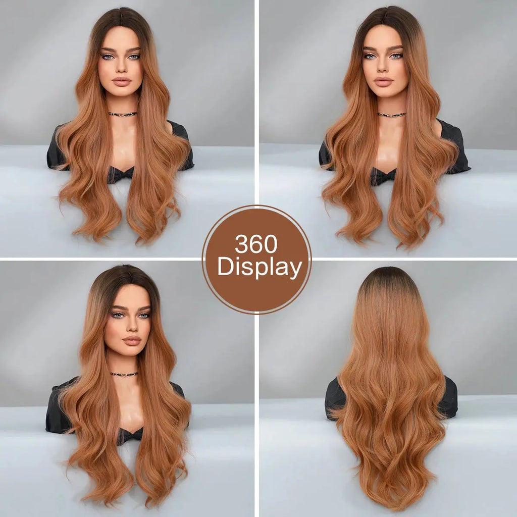 Ombre Strawberry Blond Long French Curl Wigs for Women Middle Part Body Wave Wig Natural Heat Resistant Synthetic Curly Peluca