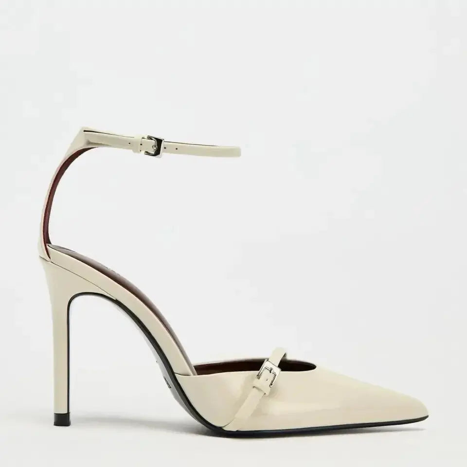 STYLE Women's Summer Single Shoe Velvet Effect Pointed Toe T-Shaped Buckle Strap Open Back Slim High Heels Elegant Shoes