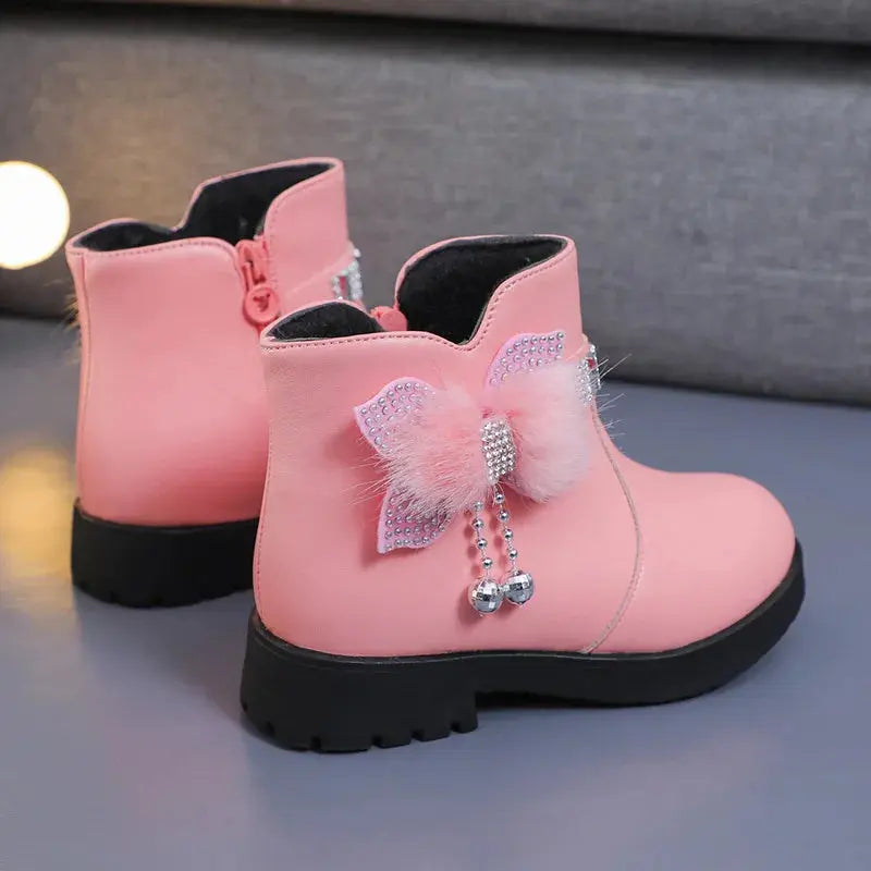 Fashion Lovely Children Shoes Girl Warm PU Leather Boots Baby Bow Cute Cotton Shoes Plush Winter Student Non Slip Kids Boots