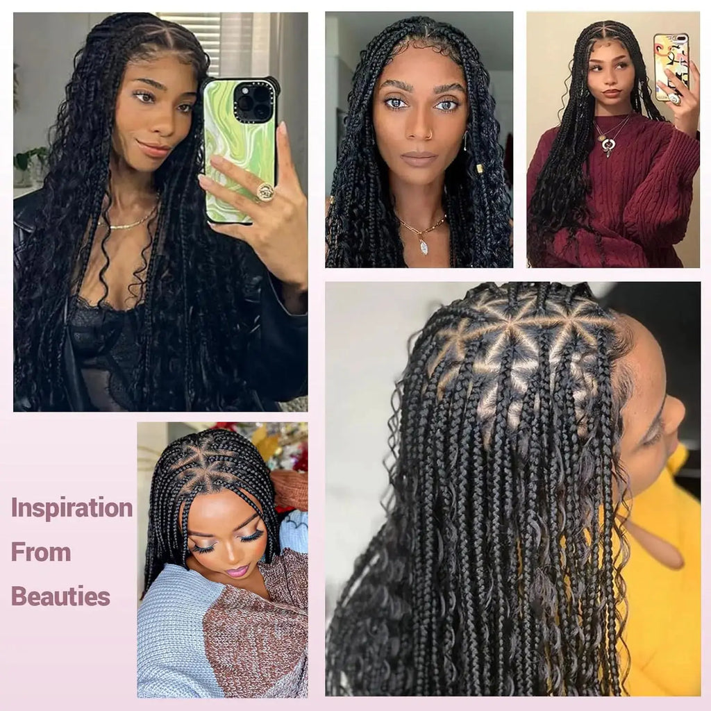 Bohemian Braided Wigs Boho Box Braid Knotless Goddess Locs Wigs with Curly Ends Synthetic Full Lace Wig with Baby Hair for Women