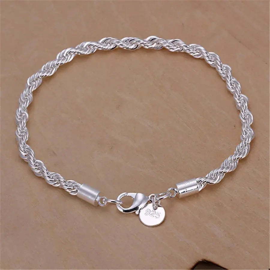 High quality 925 Sterling Silver 4MM Women Men chain Male Twisted Rope Necklace Bracelets Fashion Silver Jewelry Set