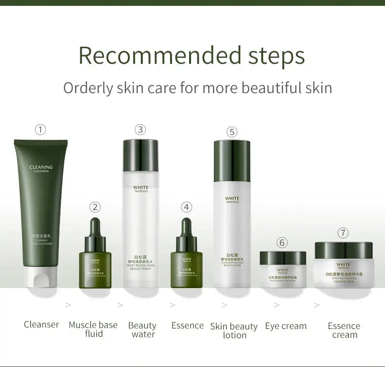 OEM White Truffle Yeast Seven Pieces Skincare Kit Anti-Wrinkle Lightening Firm Skin Collagen Natural Skin Care Set Gift Box