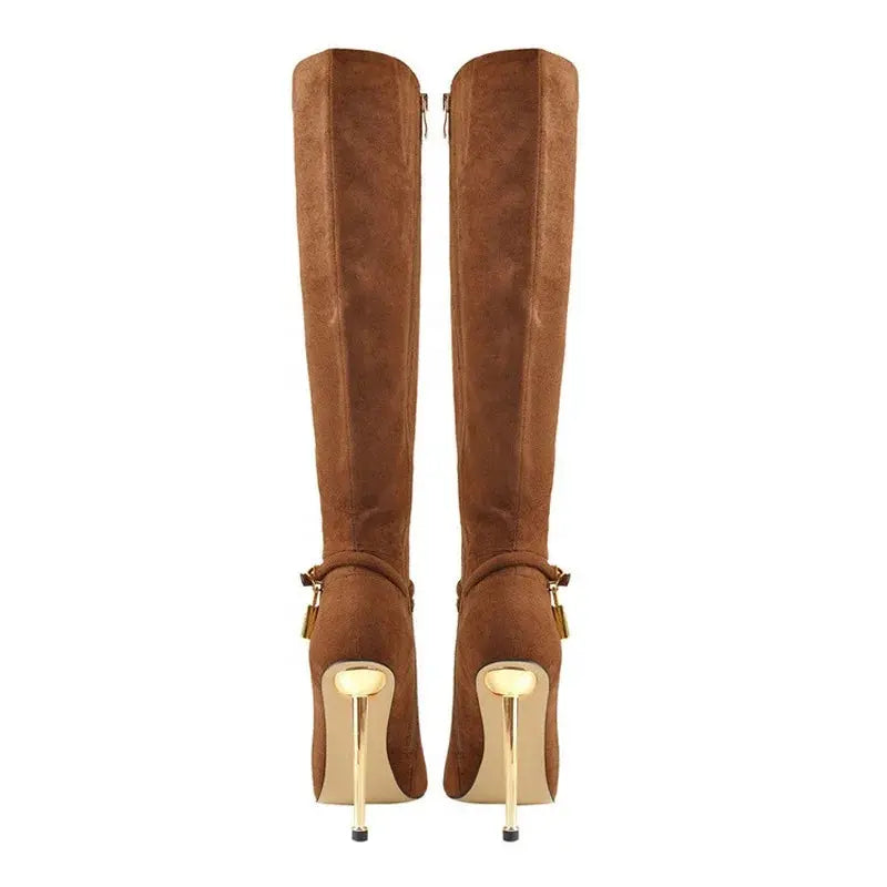 Big Size EU 46 Suede Women Pointy Toe Knee High Boots Stiletto Metal Lock Decor Long Booties High Metal Thin Heels Shoes