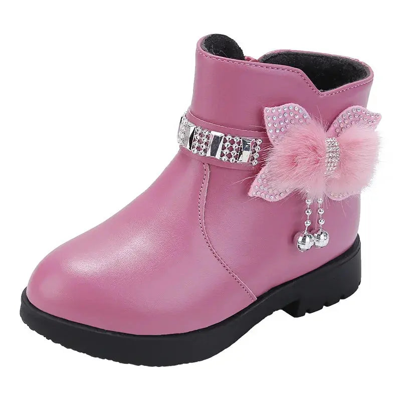 Fashion Lovely Children Shoes Girl Warm PU Leather Boots Baby Bow Cute Cotton Shoes Plush Winter Student Non Slip Kids Boots