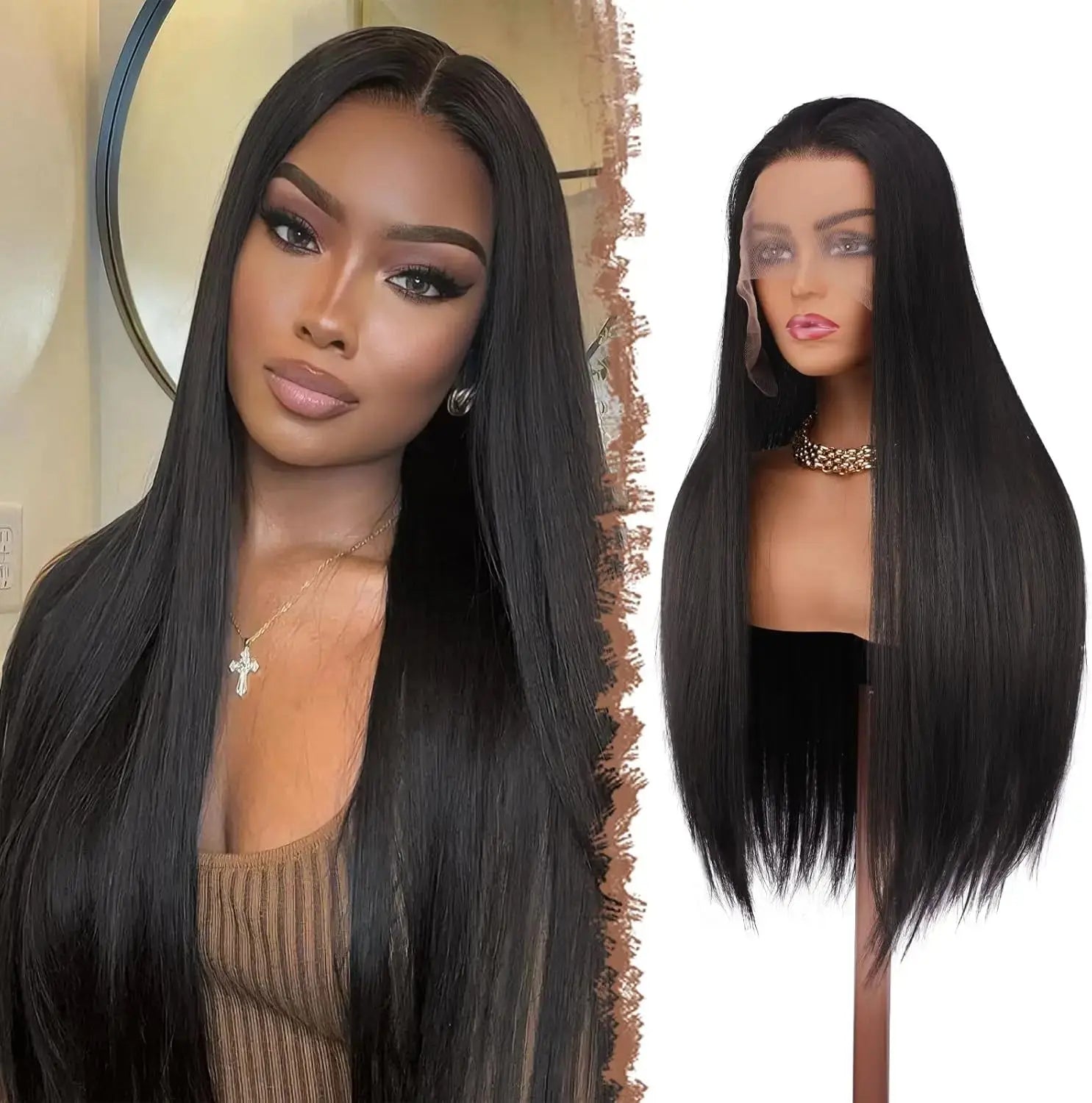 Wholesale 30 Inch Long Straight Premium Synthetic Lace Front Wigs High Temperature Fiber Heat Resistant Transparent Lace Natural