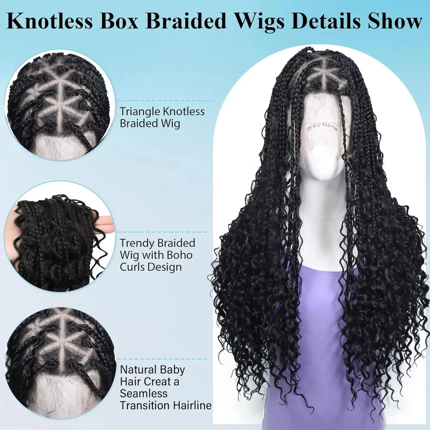 Bohemian Braided Wigs Boho Box Braid Knotless Goddess Locs Wigs with Curly Ends Synthetic Full Lace Wig with Baby Hair for Women