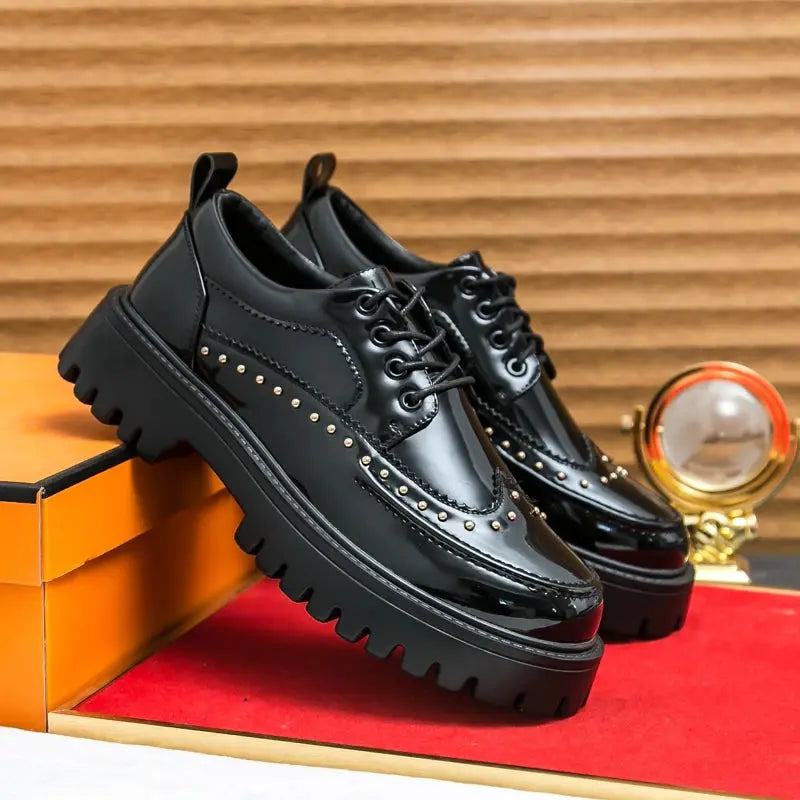 Men's Pu Leather Casual Formal Brogue Style Youth Round Toe Thick-Soled High Heels Mens Business Dress  Platform Shoes