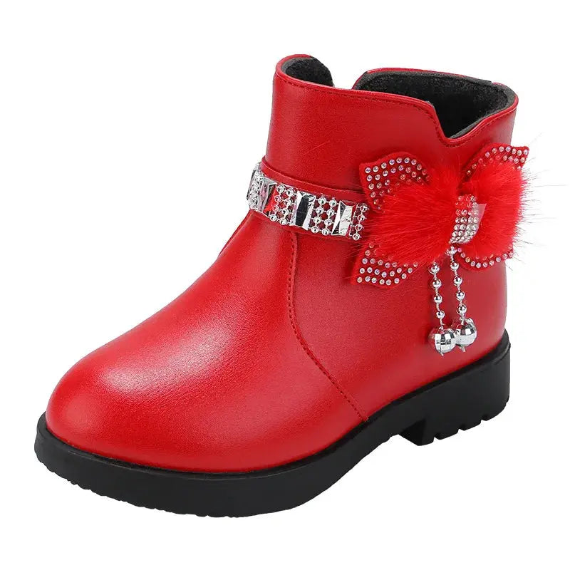 Fashion Lovely Children Shoes Girl Warm PU Leather Boots Baby Bow Cute Cotton Shoes Plush Winter Student Non Slip Kids Boots