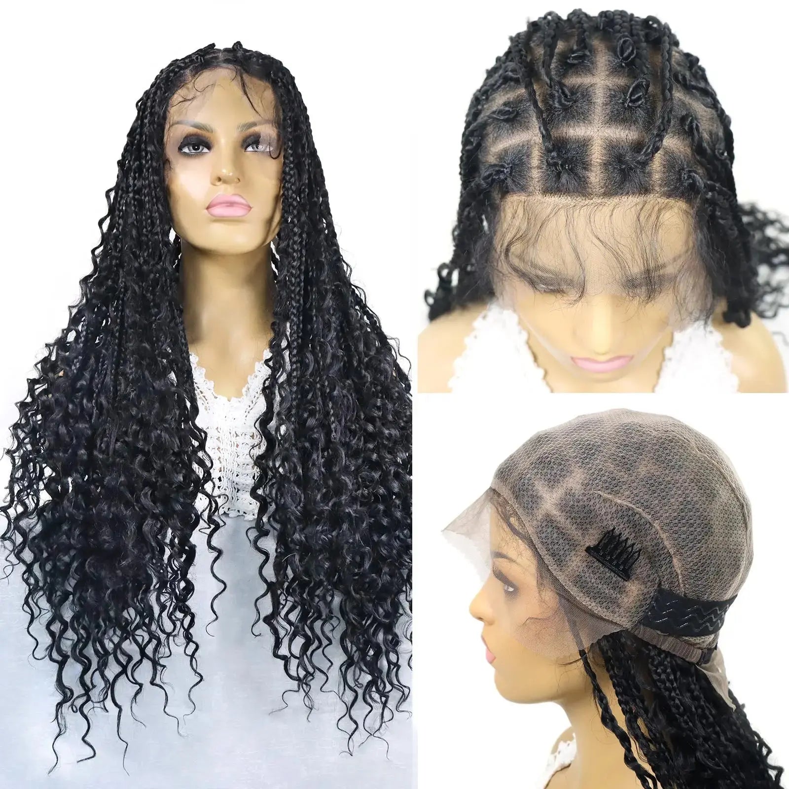 Bohemian Braided Wigs Boho Box Braid Knotless Goddess Locs Wigs with Curly Ends Synthetic Full Lace Wig with Baby Hair for Women