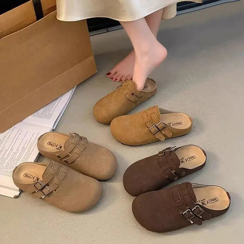 Best-selling in Europe Slippers PU Leather Clog Cow Suede Fur Cork Sole Arch Support Stocks Women Custom Mule Shoes