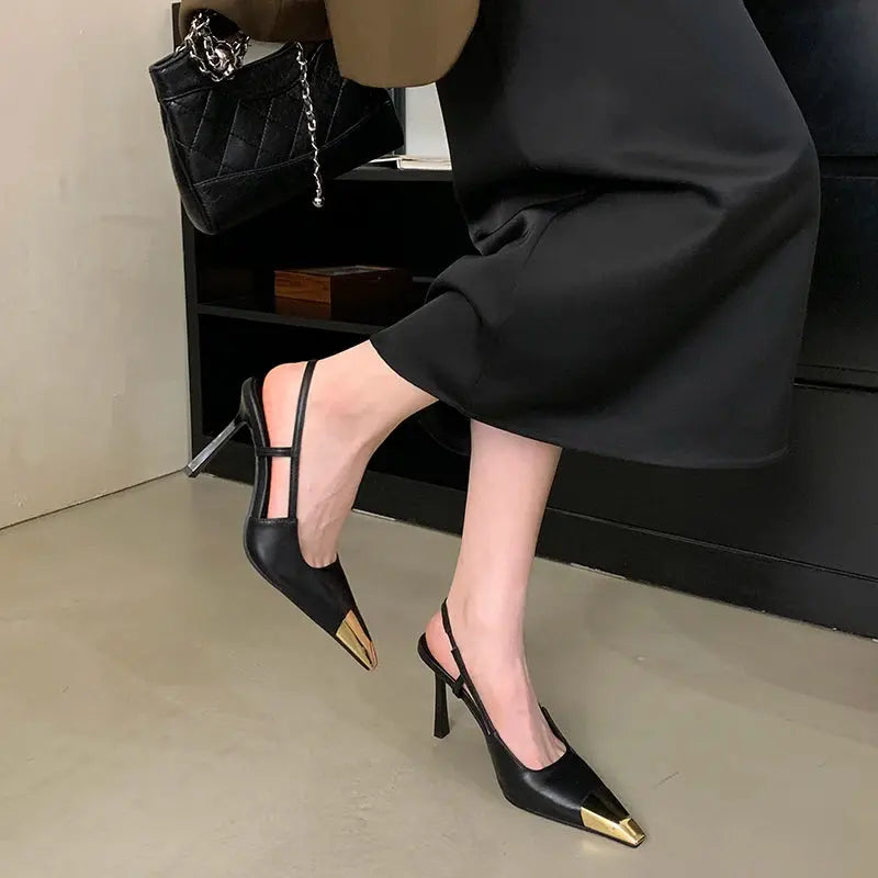 2025 Black Italian Style Women's Shoes Mature and Sexy Martel Toe Slingshot Sandals Elegant White-collar Metal Toe Cap