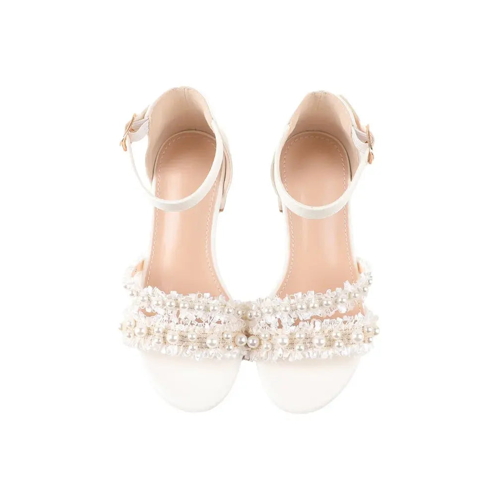 Little Girl Princess Sandals White Pearl Bead Ankle Buckle Low Heel Soft Soled Wedding Party Shoes Wholesale 2025