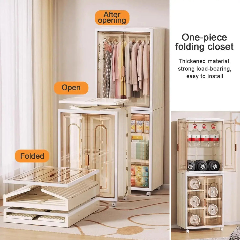 Foldable Plastic Wardrobe Closet with Removable Wheels Hanging Clothes Storage Organizer