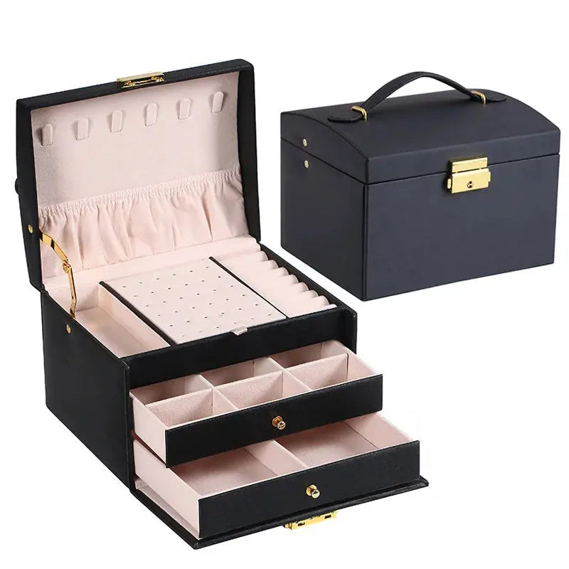 1pcs Multi Functional Three Layer Leather Drawer Style Jewelry Box Earrings Earrings Lock Jewelry Box