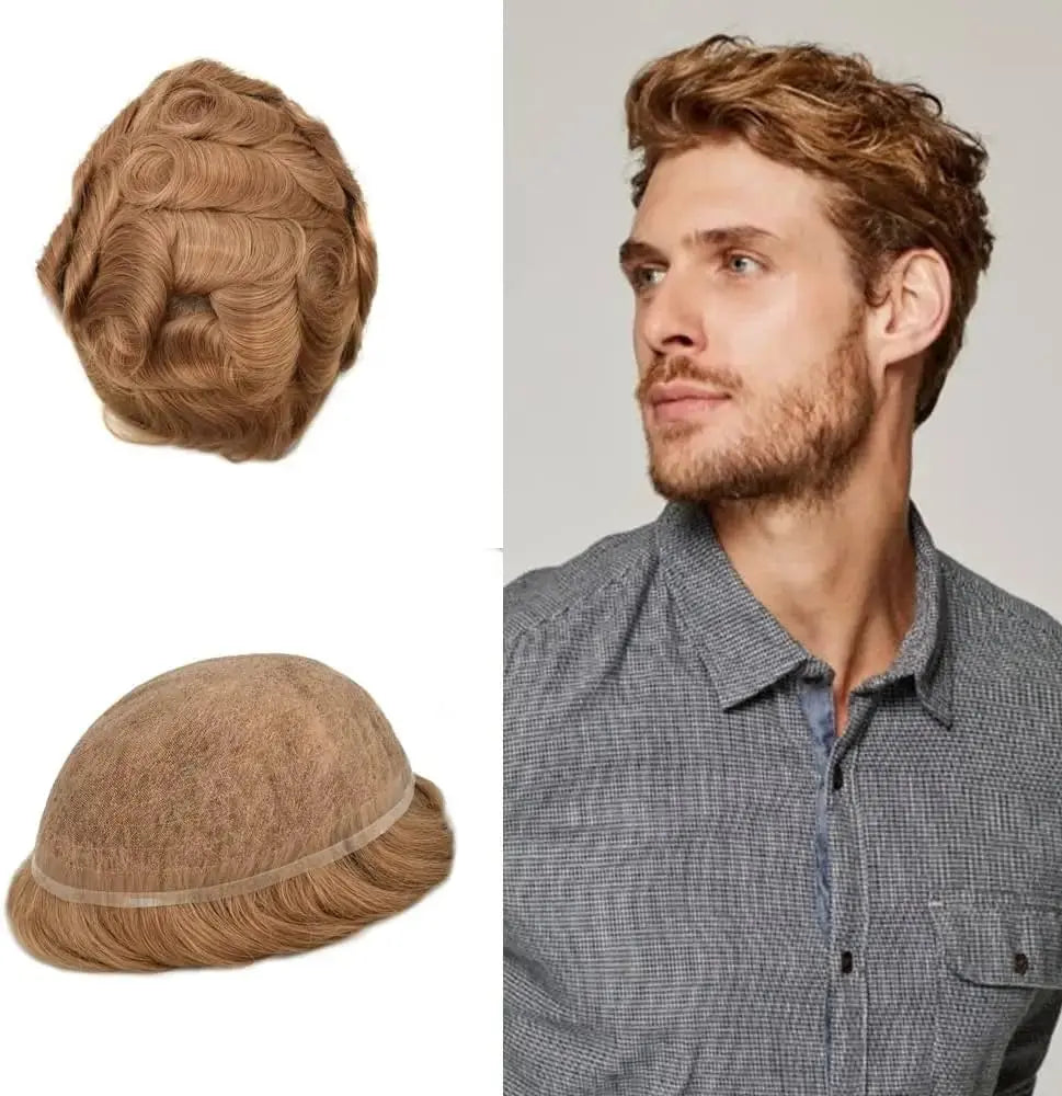 Human Hair Toupee for Men Blonde Hair System 8x10" Full Lace Hair Units Light Brown Real Human Hair Replacement System