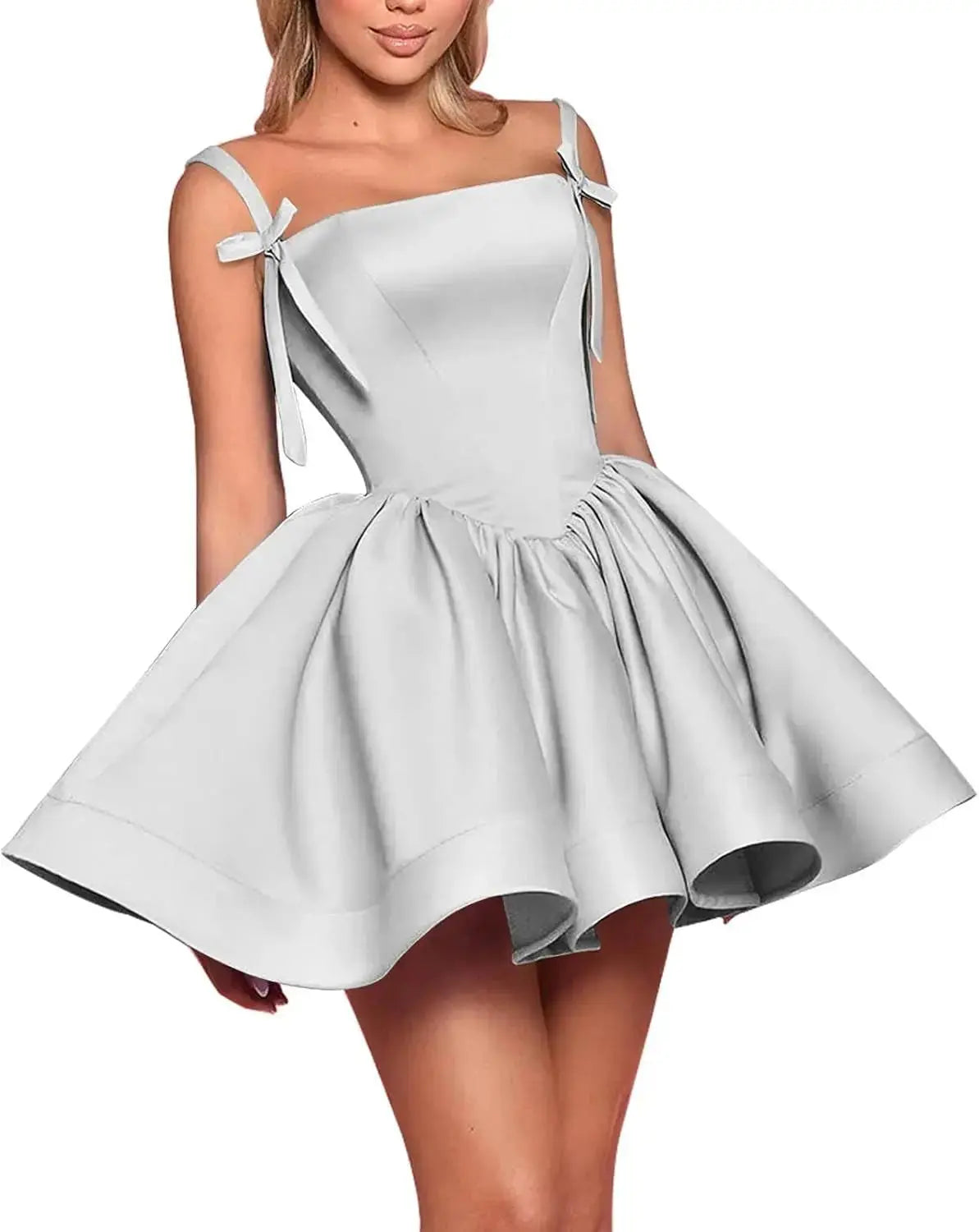 Satin Homecoming Dresses for Teens Spaghetti Straps Square Neck A-line Short Prom Dresses with Pockets Graduation Dress