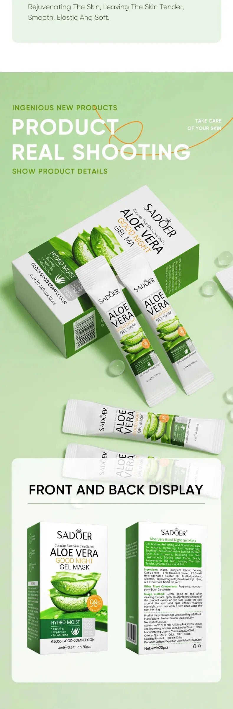 20pcs Aloe Vera Gel Portable Facial Mask Soothing And Repairing After Moisturizing Hydrating Shrink Pores Sleep Mask Skin Care Avivanastore