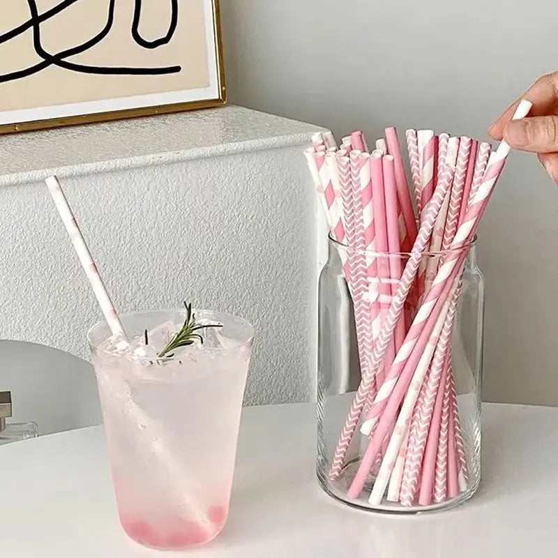 25PCS Party Straws For Juice Cocktails Smoothies Birthday Wedding Christmas Decorations Biodegradable Pink Paper Straws Avivanastore