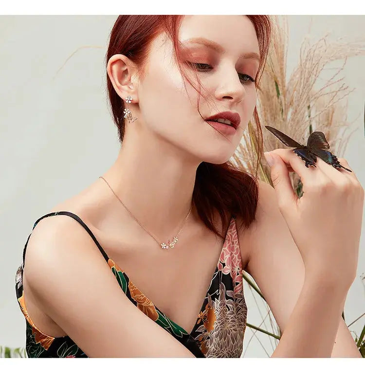 Bamoer 925 Sterling Silver K Gold Rose Earring Butterfly Necklace Jewelry Set Flowers for Women Ladies Luxury Elegant Wedding