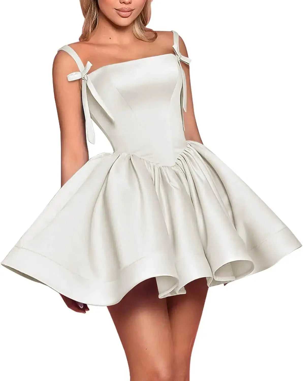 Satin Homecoming Dresses for Teens Spaghetti Straps Square Neck A-line Short Prom Dresses with Pockets Graduation Dress