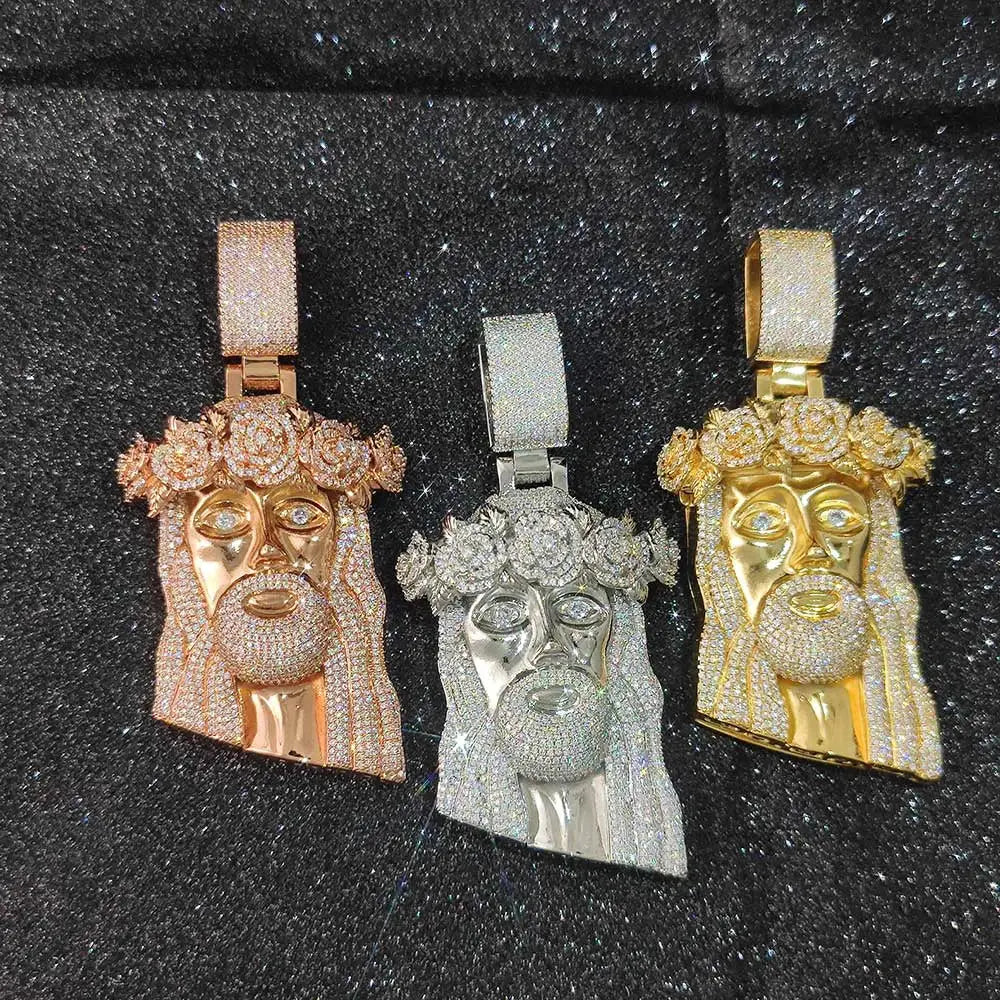 Hip Hop Style Iced Out Diamond Jesus Pendant with Rose Custom Jewelry Gold Silver Plated Jesus Religious Christian Pendant Gift