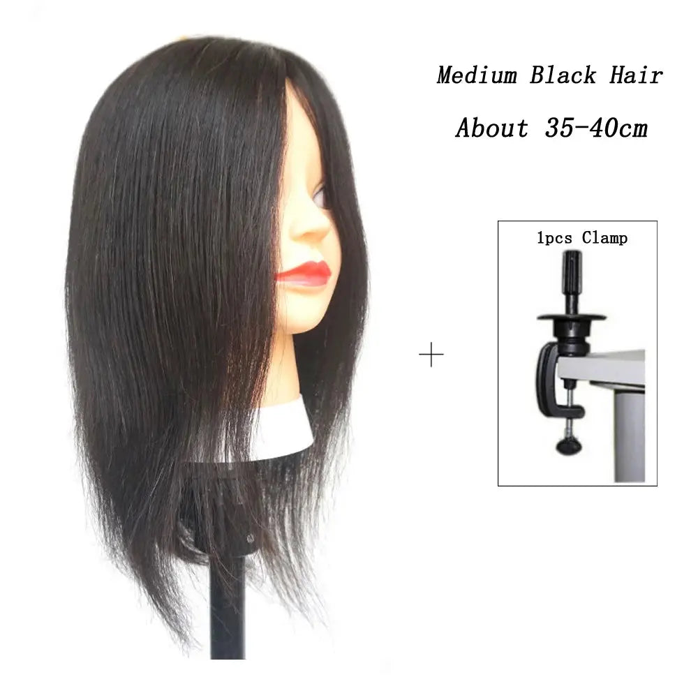 Human Hair Mannequin Head Natural Black Color Practice Training Model For Hairdresser Professional Can Be Ironed and Dyed