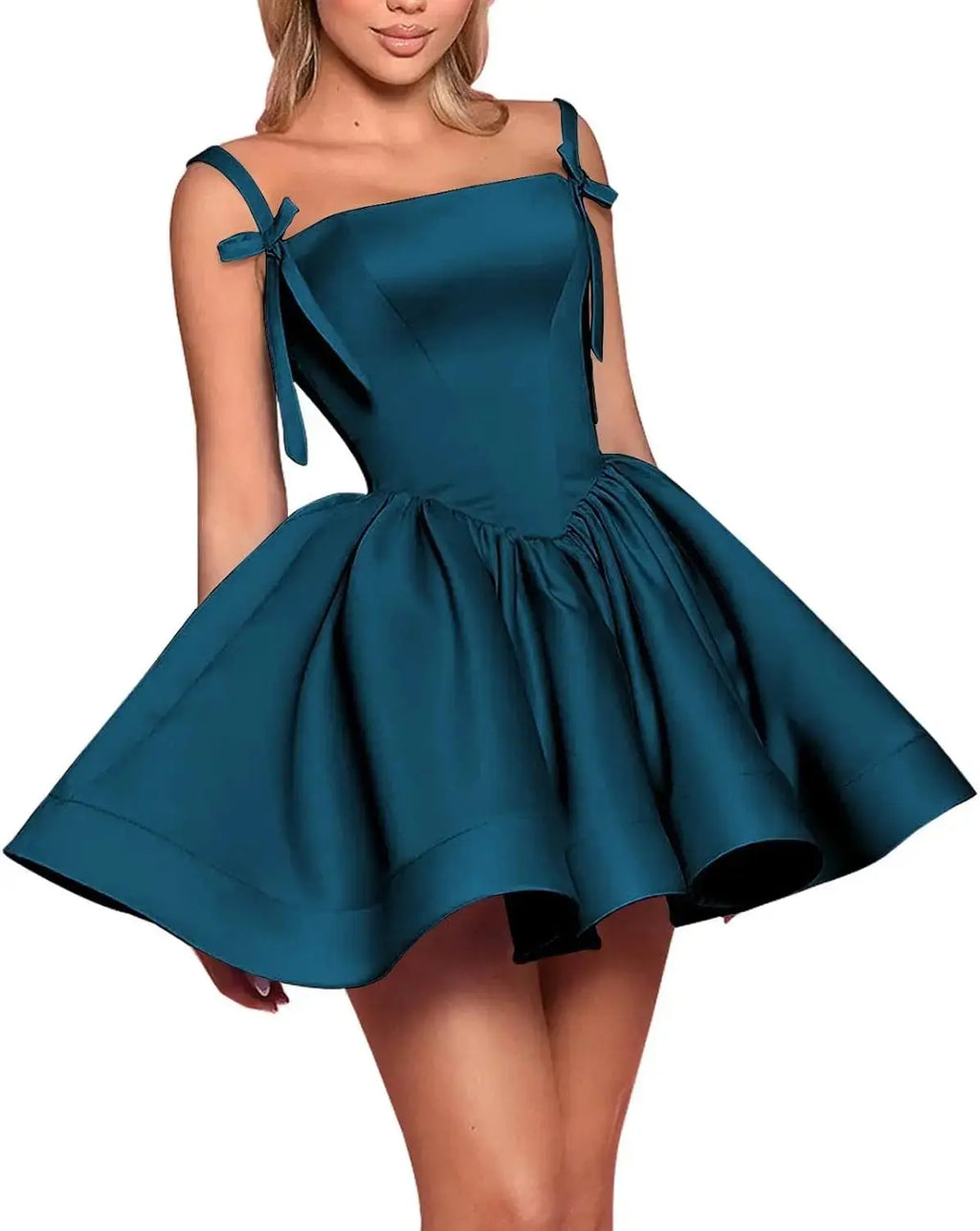 Satin Homecoming Dresses for Teens Spaghetti Straps Square Neck A-line Short Prom Dresses with Pockets Graduation Dress