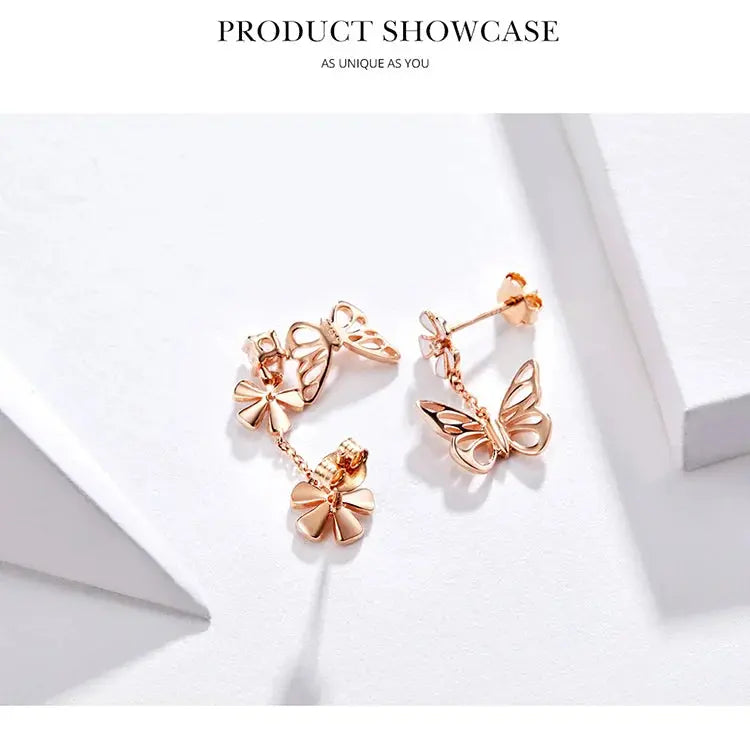 Bamoer 925 Sterling Silver K Gold Rose Earring Butterfly Necklace Jewelry Set Flowers for Women Ladies Luxury Elegant Wedding