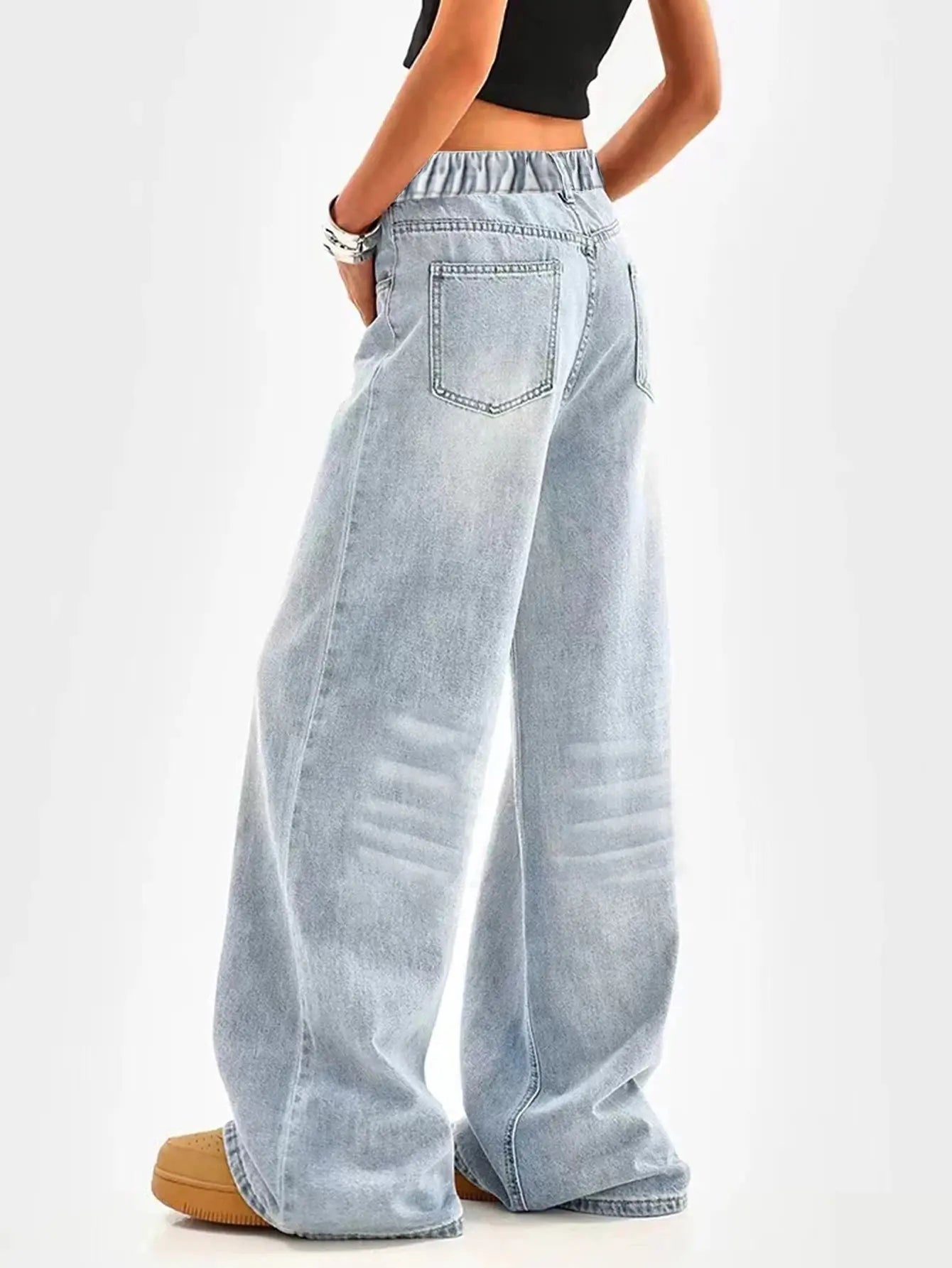 Retro washed blue loose wide-leg straight pants for middle and large children and girls, casual, simple and versatile long jeans Avivanastore