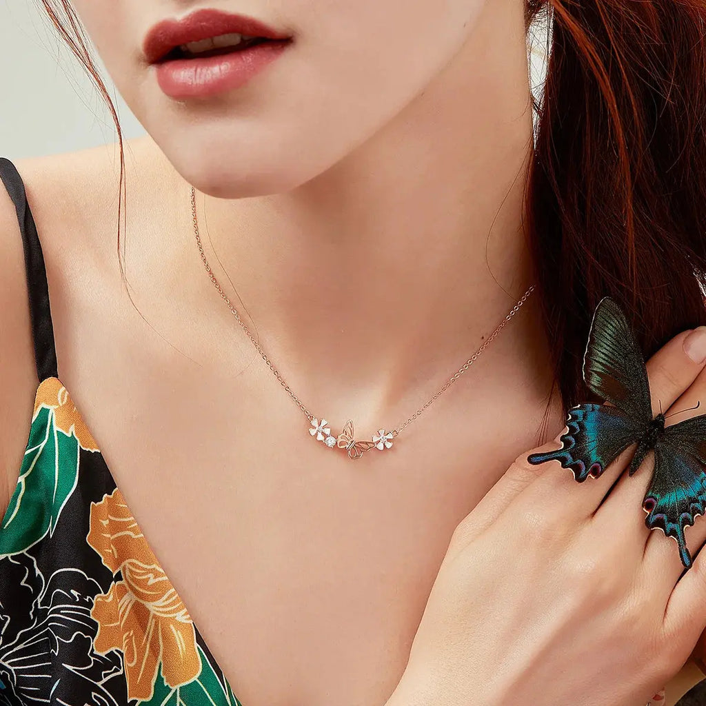 Bamoer 925 Sterling Silver K Gold Rose Earring Butterfly Necklace Jewelry Set Flowers for Women Ladies Luxury Elegant Wedding