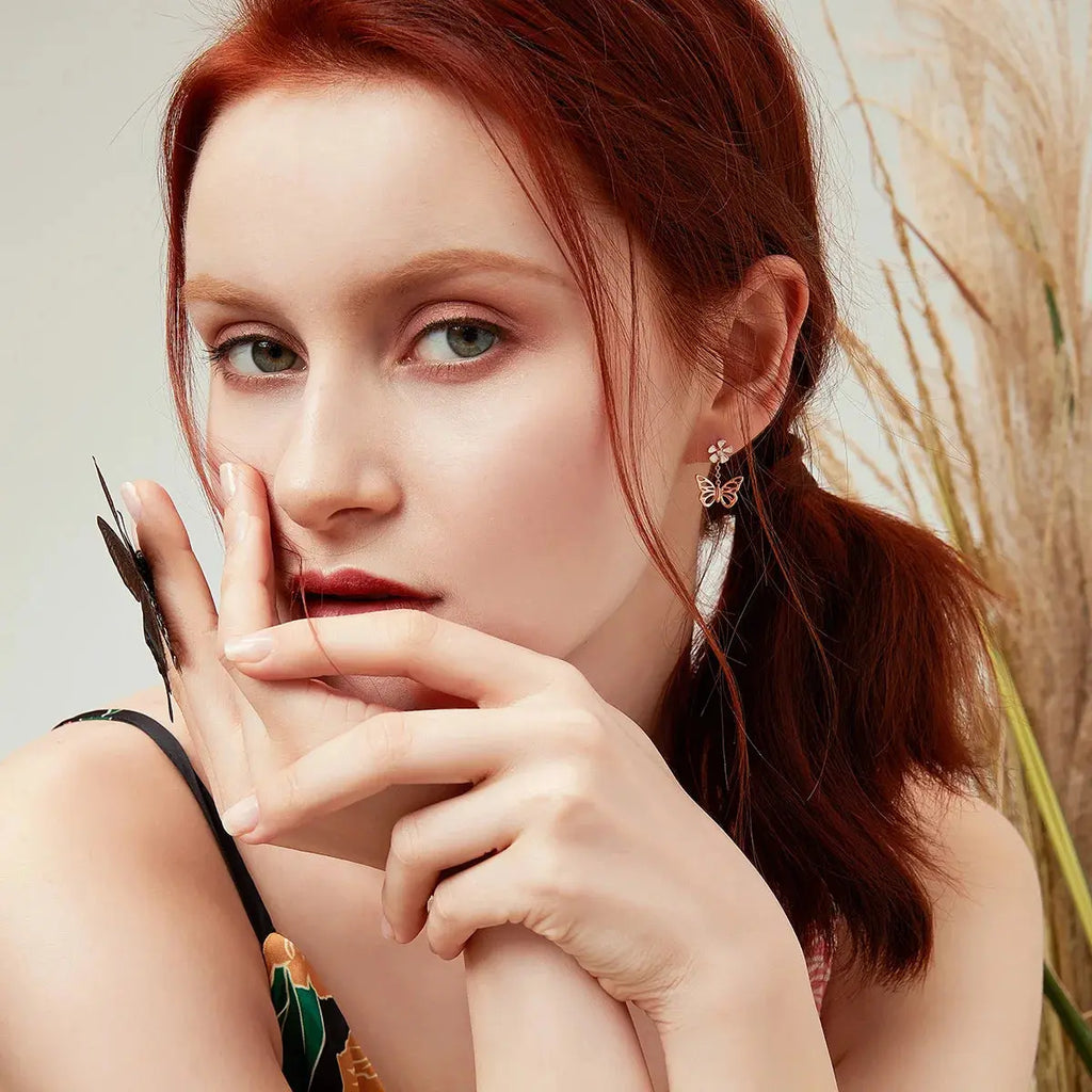 Bamoer 925 Sterling Silver K Gold Rose Earring Butterfly Necklace Jewelry Set Flowers for Women Ladies Luxury Elegant Wedding