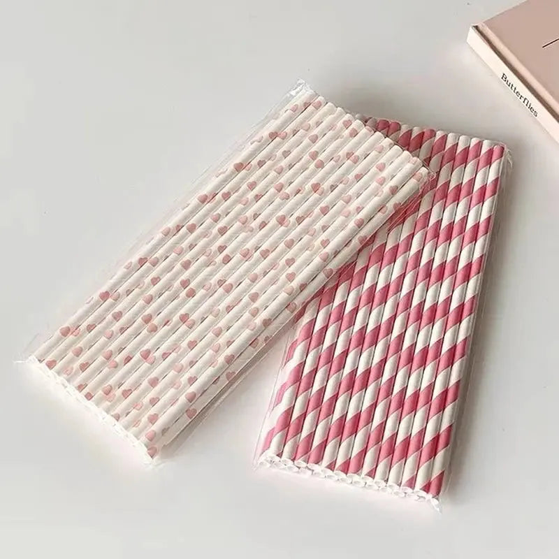25PCS Party Straws For Juice Cocktails Smoothies Birthday Wedding Christmas Decorations Biodegradable Pink Paper Straws Avivanastore