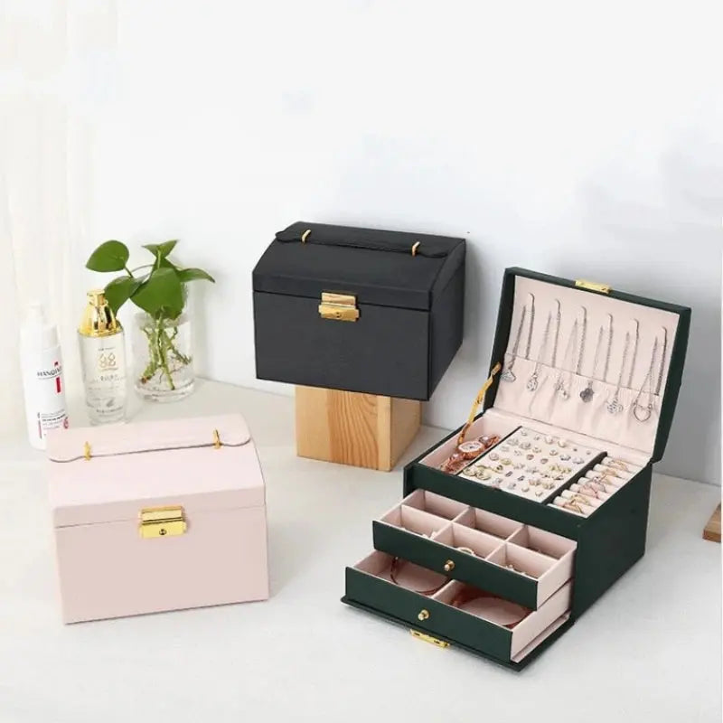 1pcs Multi Functional Three Layer Leather Drawer Style Jewelry Box Earrings Earrings Lock Jewelry Box