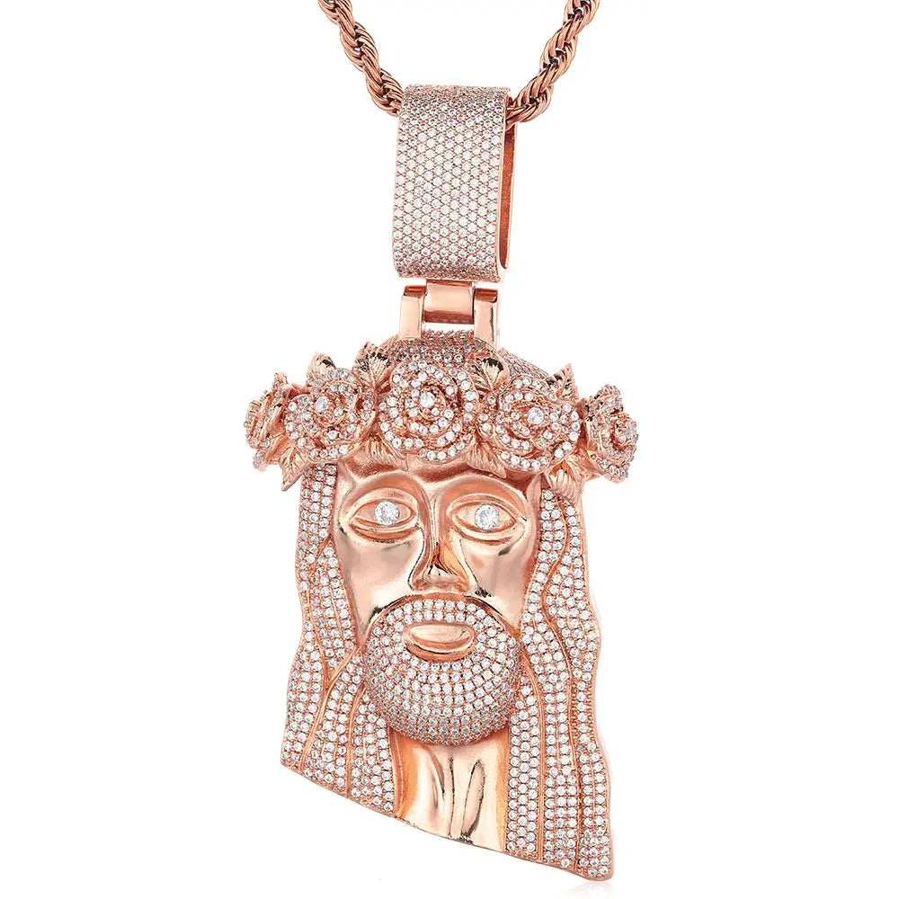 Hip Hop Style Iced Out Diamond Jesus Pendant with Rose Custom Jewelry Gold Silver Plated Jesus Religious Christian Pendant Gift