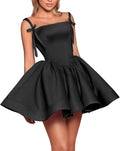 Satin Homecoming Dresses for Teens Spaghetti Straps Square Neck A-line Short Prom Dresses with Pockets Graduation Dress