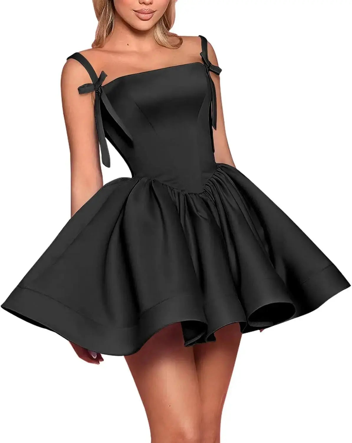 Satin Homecoming Dresses for Teens Spaghetti Straps Square Neck A-line Short Prom Dresses with Pockets Graduation Dress