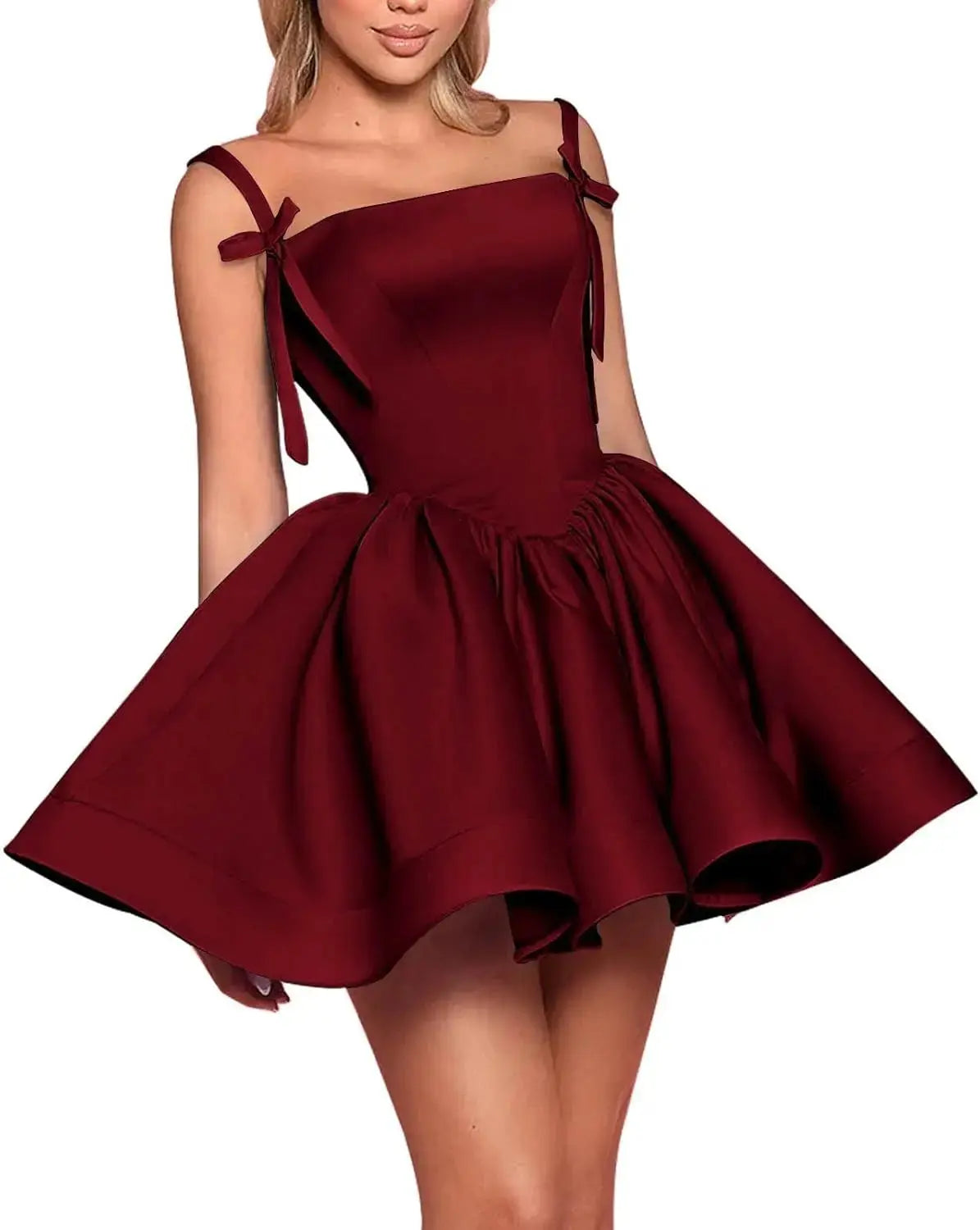 Satin Homecoming Dresses for Teens Spaghetti Straps Square Neck A-line Short Prom Dresses with Pockets Graduation Dress