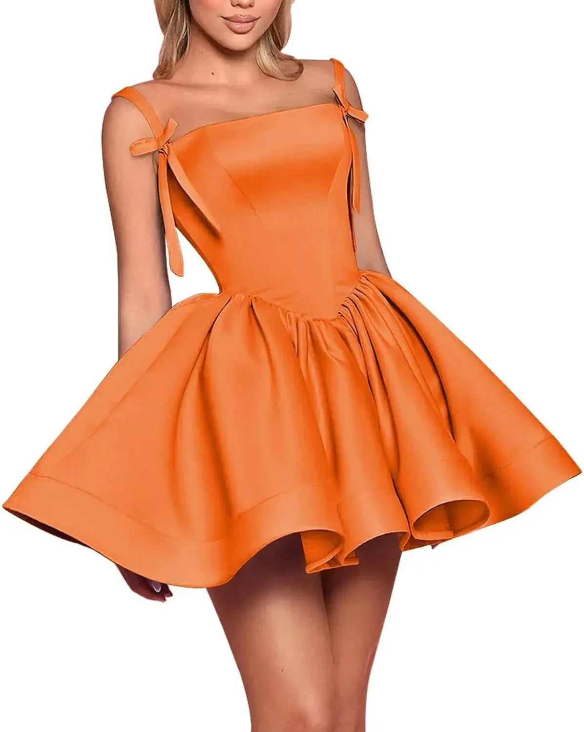 Satin Homecoming Dresses for Teens Spaghetti Straps Square Neck A-line Short Prom Dresses with Pockets Graduation Dress