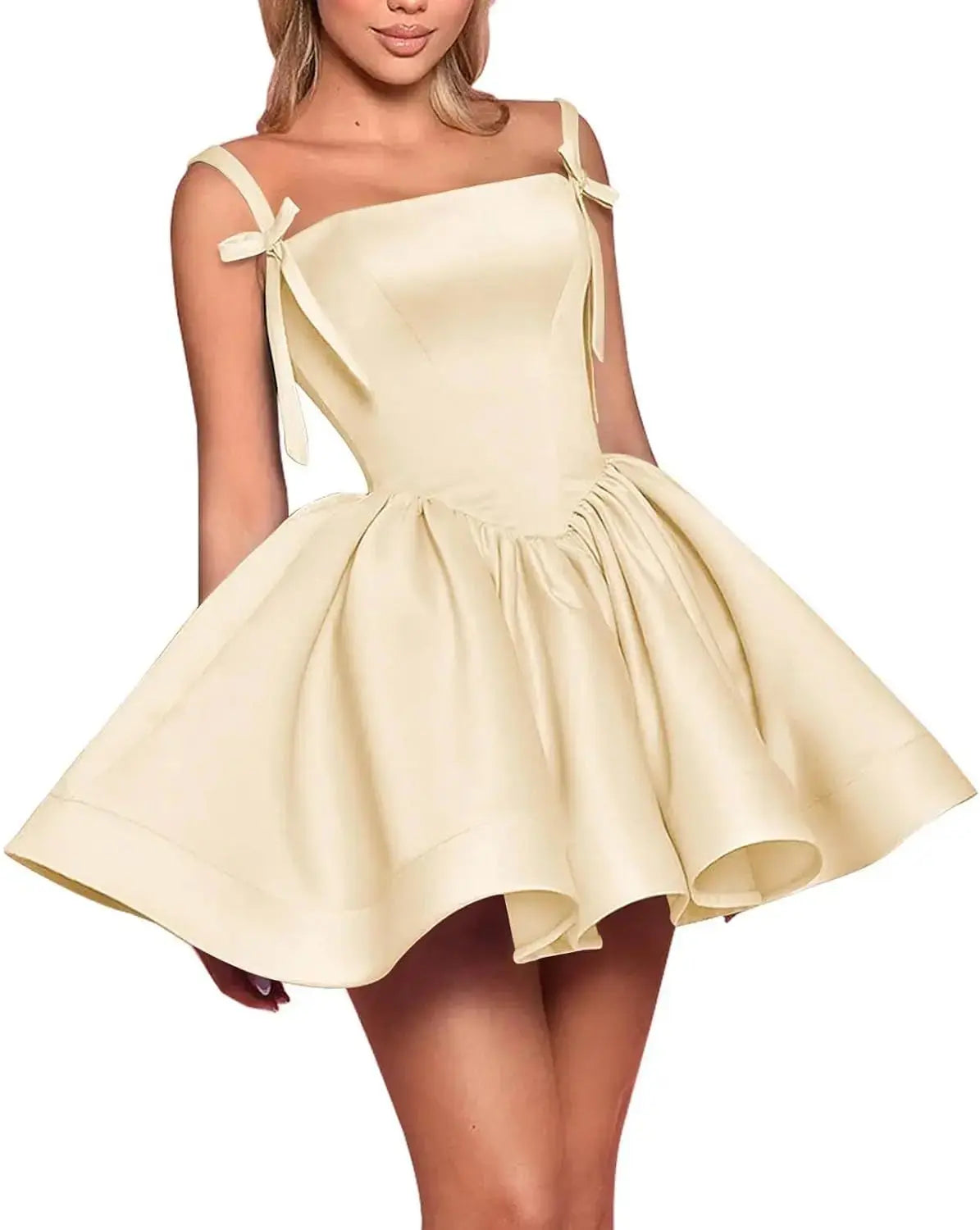Satin Homecoming Dresses for Teens Spaghetti Straps Square Neck A-line Short Prom Dresses with Pockets Graduation Dress